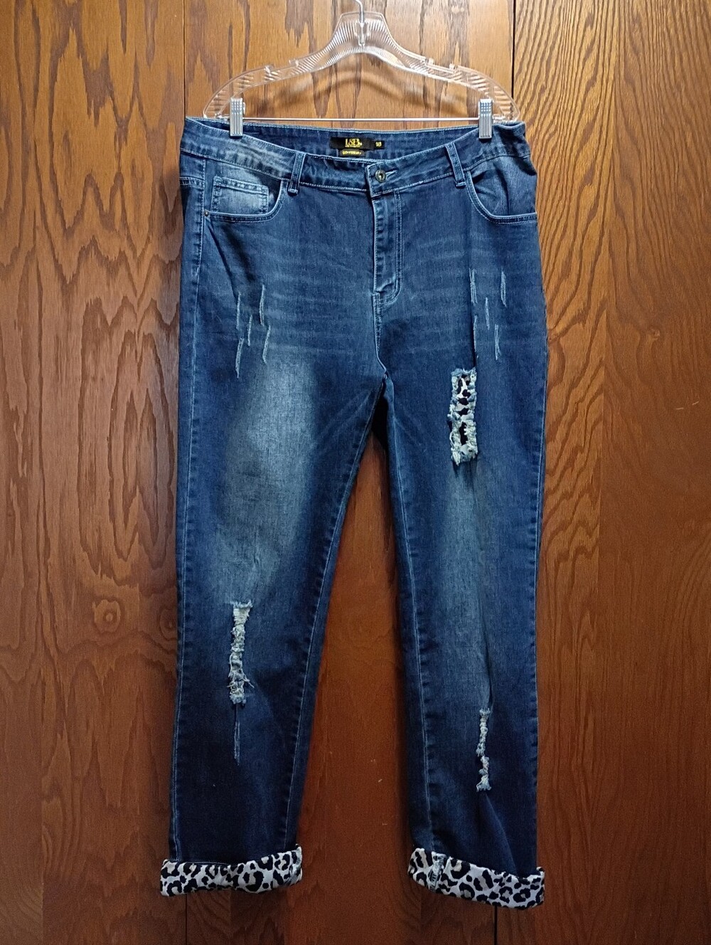 Distressed Dark Blue Boyfriend Jeans with Leopard Cuff